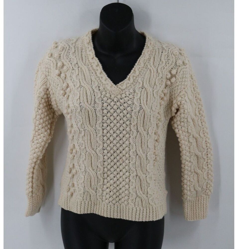 Kennedy of Ardara Womens Vneck Cable Knit Sweater 100% Pure Wool Hand Made Irish